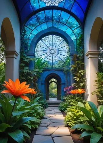 an archway with stained glass roof and lush flower displays,conservatory,winter garden,tunnel of plants,botanical gardens,flower dome,botanical garden,palm house,tropical bloom,garden of plants,plant 