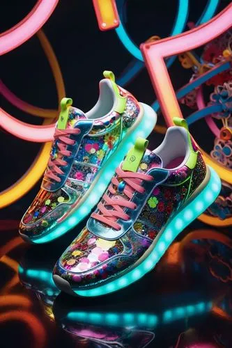 sneakers designed by Takashi Murakami, high detail, intricate detail texture, 3d render, unreal engine, octane render, cinematic lighting, 8k,a pair of shoes with colorful lights on them,neon candies,