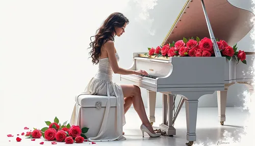 .,a woman playing a piano and red roses,concerto for piano,pianist,piano player,play piano,pianoforte,piano keyboard,grand piano,the piano,pianistic,piano lesson,pianism,scarlatti,cute girl playing pi