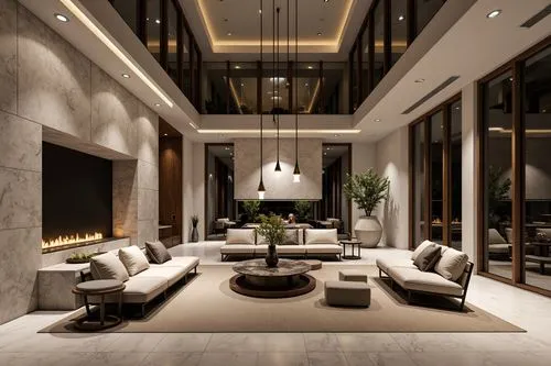 Picture a modern, expansive restaurant interior that breathes luxury through a minimalist design. The space is grounded by large-format Italian marble flooring in soft beige with subtle veining, catch