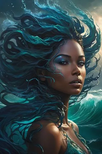 A powerful Sea Queen emerges from the depths of a turbulent ocean, her hair flowing like dark waves, shimmering with the glow of bioluminescence. Her skin reflects the deep, iridescent hues of the sea