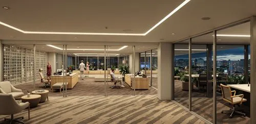 A photo-realistic rendering of a modern office space with a view of the city at night. the image also shows the interior design of the office. on the left side of the image, there is a wall with a tex