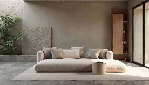 an open room with a white couch and a rug,modern minimalist lounge,soft furniture,contemporary decor,stucco wall,modern decor,exposed concrete,furnishing,living room,modern living room,linen,modern ro