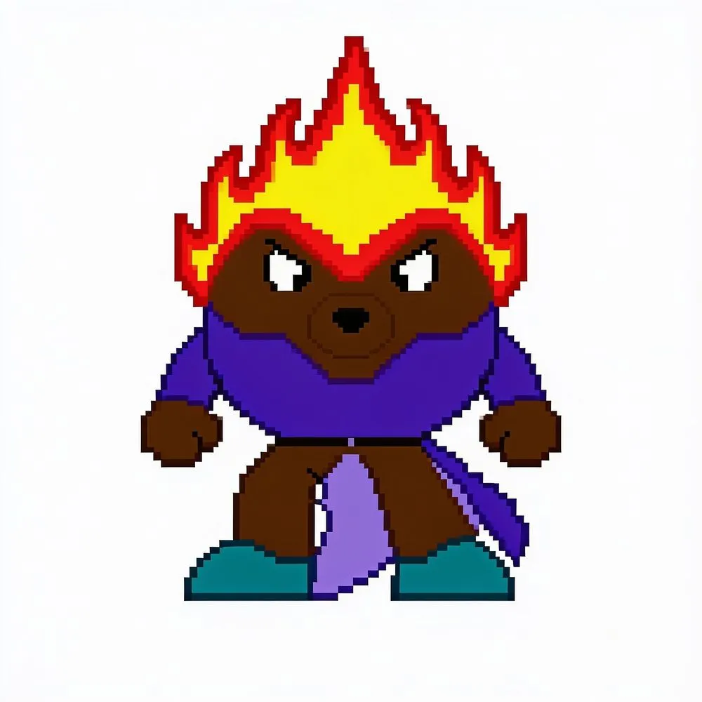 the pixel style character is wearing a purple outfit