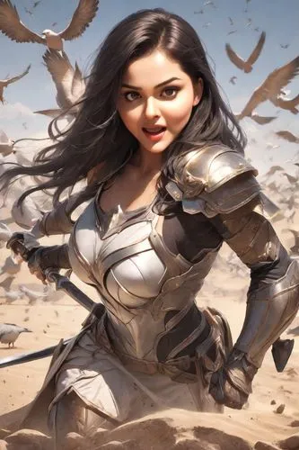 The powerful figure of a muscular warrior stands on a barren desert, her muscles rippling as she struts with the power of her sword. Her muscular armor cascades as the bright sunlight catches the eye.