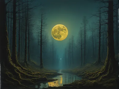 drip Zdzisław Beksiński moon king forest ,moonlit night,blue moon,hanging moon,forest landscape,moonlit,fantasy landscape,lunar landscape,fantasy picture,moonscape,full moon,forest of dreams,forest ba