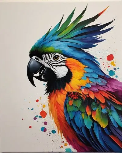 Paint a profile picture with vibrant colors and playful elements.,an abstract colorful painting of a bird on white paper,bird painting,guacamaya,colorful birds,macaw,scarlet macaw,beautiful macaw,maca