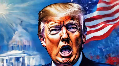 a fantasy of Donalt J. Trump surrealistic dreams, drip, leak, wet, gloss details,USA flag and white house,shouting, patriotic, ink, acrylic, double exposure, electric blue glowing 👁👀, highly detail,