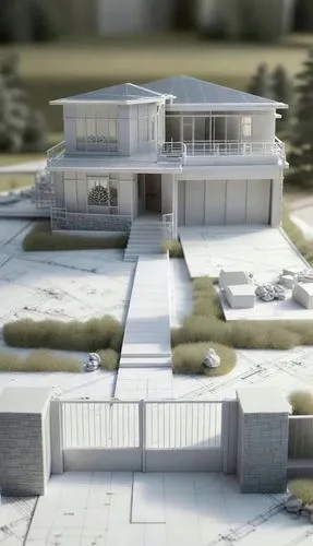 Camera starts above the entrance gate, smoothly tilts downward, then flies forward through the gate into the courtyard with a cinematic, continuous motion,model house,modern house,mid century house,re