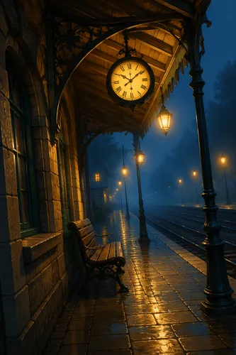 Vibrant Franco-Belgian album-style illustration of a misty night train station, framed with a gentle canted angle. Rich linework and lively flat colors depict a wooden canopy crowned by a glowing roun