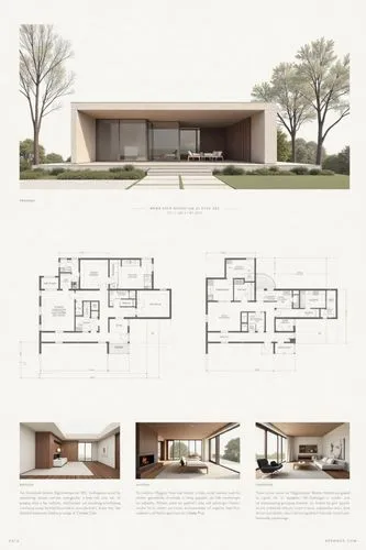 A professional architectural presentation board with a Pure background and a clean, minimalist design layout. The board includes:

Top Section: On the top left, a photorealistic render of a contempora