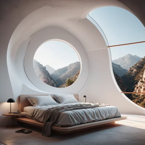 (bedroom:1.2) of a house with round lines built into the side of a mountain, a 3D render, unsplash contest winner, hypermodernism, trending on dezeen, white minimalist architecture, beautiful aestheti