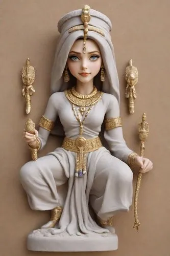 a statue with an oriental costume, holding two golden arms and a knife,figurine,saraswati,doll figure,miniature figure,upasana,navarathri,ardhanarishvara,janashakti,sarasvati,mataji,navratra,statuette