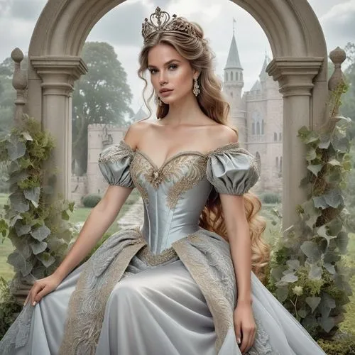 A photo-realistic shoot from a frontal camera angle about a beautiful woman in a silver wedding dress sitting elegantly in an archway surrounded by greenery, with a castle in the background. on the mi
