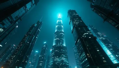 Dark cyan color, futuristic architecture, skyscraper, metropolitan city, neon lights, sleek lines, metallic materials, reflective surfaces, sharp angles, modernist style, urban jungle, nighttime scene