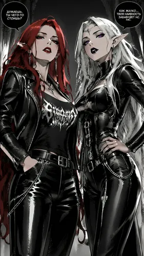 Manga style:

Sacha, a woman of Slavic descent in her thirties, 1.68m tall, with small pointed ears, long scarlet hair, red eyes, and an athletic build.
She is dressed in a black leather jacket, a bla