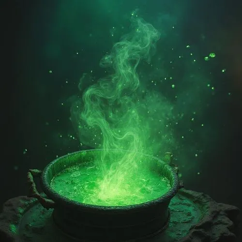 The sorceress's power inside is a decoction of green sidr boiling on the stove, and bubbles are rising from it.,a metal bowl with green liquid and steam inside,cauldron,caldron,magical pot,cauldrons,g