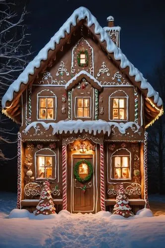 imagine a real size house made completely out of gingerbread, in a dark wood, realism, high resolution, people standing at the entrance door,a building that has been decorated with lights,gingerbread 