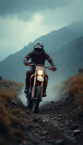 Cinematic wide-angle shot of a man accelerating his dirtbike over a rugged mountainous terrain under an overcast sky, rain droplets glimmering on the bike and rider’s gear. The dramatic lighting contr
