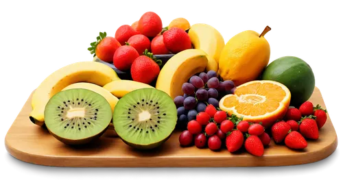 Fresh fruits, colorful arrangement, apples, bananas, oranges, grapes, kiwi, strawberries, pineapples, watermelon, vibrant colors, natural lighting, 3/4 composition, shallow depth of field, warm color 