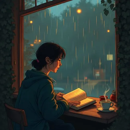 Draw a person sitting by a café window, reading a book or looking out the window. Add details like steam rising from a coffee cup under dim lighting or a window with rain running down it to create the