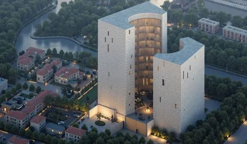 "A 15-story modern high-rise building inspired by Tadao Ando, emphasizing diverse architectural forms and sculptural massing. The design features exposed smooth concrete, a variety of interlocking vol