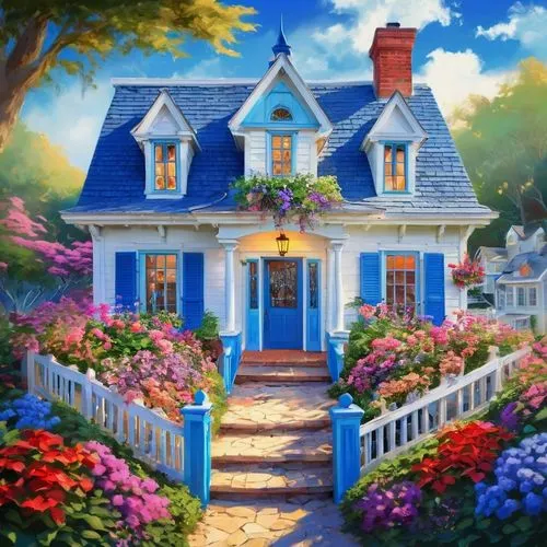 Cape Cod style house, modern architectural design, white wooden exterior walls, blue shutters, dormer windows, steeply pitched roof, chimney, flower box under windows, lush greenery surroundings, beau