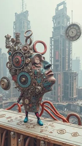 a sculpture with multiple items all over it,scrap sculpture,scrap collector,mechanical,cyberpunk,servitors,clockmaker,scrap dealer,cogs,metropolis,knack,inhabitants,nest workshop,steel sculpture,magne