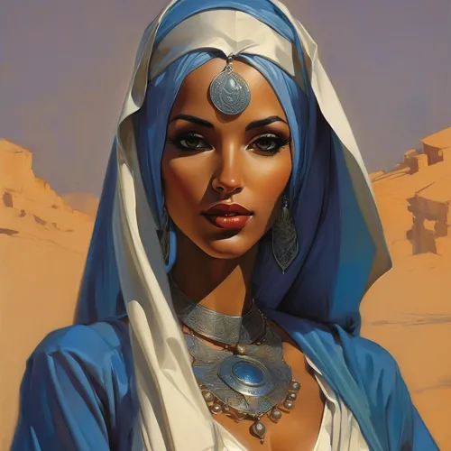 Make a beautiful arabian female, make her dressing an arabian winter dress and with a medallion,arabian,rem in arabian nights,ancient egyptian girl,priestess,bedouin,arabian mau,argan,arab,islamic gir