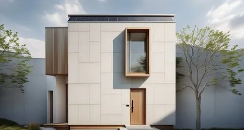 a modern house has wooden trim on the front doors,prefab,prefabricated,passivhaus,inmobiliaria,piramal,prefabricated buildings