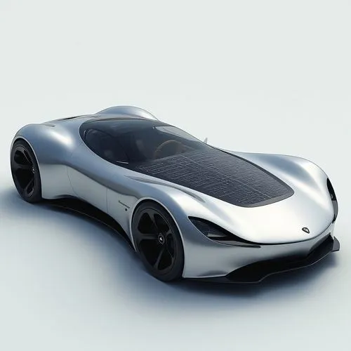 A solar-powered electric car with a sleek, aerodynamic design, designed to be as eco-friendly as possible. The car features a low, wide stance with sculpted edges and a completely transparent roof mad