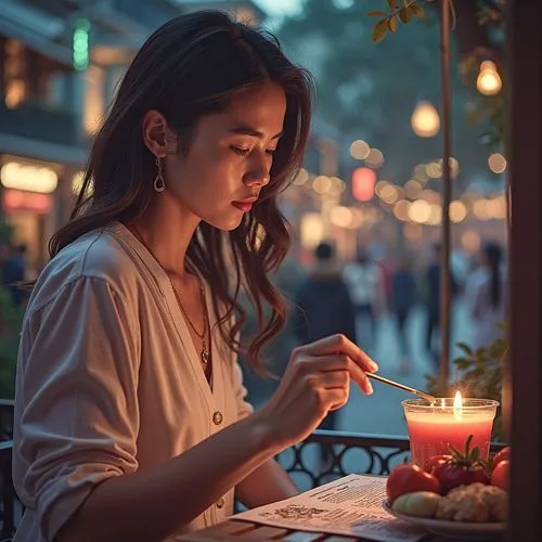 a young woman is preparing to drink and lighting candle,candle light dinner,candle light,girl studying,woman eating apple,candlelight,candlelit,romantic dinner,romantic night,woman at cafe,girl with b