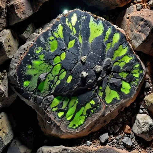 roccia spaccata , lavorata e levigata di colore nero, con all'interno minerali fluorescenti,large rocks with green and black spots on them,rock painting,colored rock,tektite,healing stone,olivine,foss