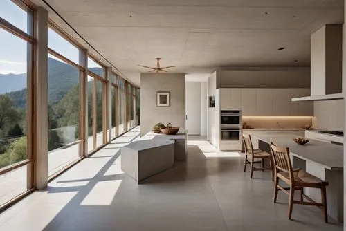 house design mountain, Kitchen with huge floor-to-ceiling windows,modern kitchen,modern kitchen interior,modern minimalist kitchen,interior modern design,tile kitchen,kitchen design,concrete ceiling,k