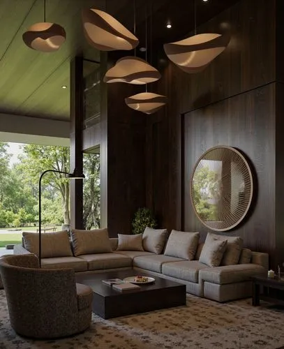 A contemporary living room with dark wood walls, a modern sofa, and abstract lighting fixtures, with a large circular mirror reflecting a lush outdoor view.,a well appointed living room is lit by a pa
