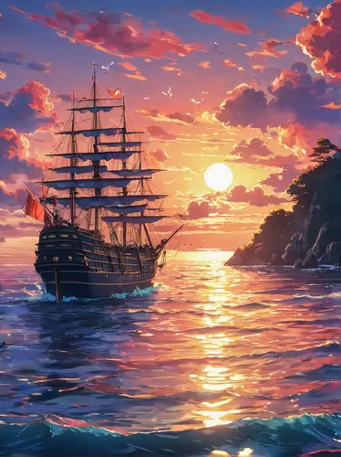 Anime Scenery Sunset 4k Anime Landscape Wallpaper 4k 3840x2160 Wallpaper Teahub Io,sea sailing ship,sailing ship,sailing ships,sail ship,galleon ship,scarlet sail,sea fantasy,pirate ship,galleon,saili
