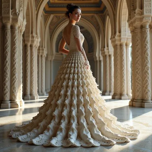 A highly detailed 3d islamic pattern and architecture elemnts  and elegant haute couture dress deeply inspired by traditional Iranian architecture, especially the intricate geometry of muqarnas — the 