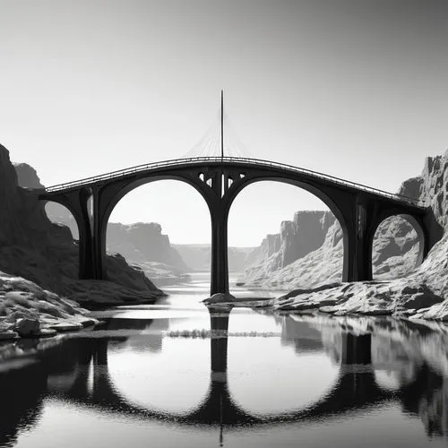 The image is a black and white illustration of a bridge spanning over a body of water. The bridge has multiple arches and is supported by sturdy pillars that are anchored into the riverbed below. The 