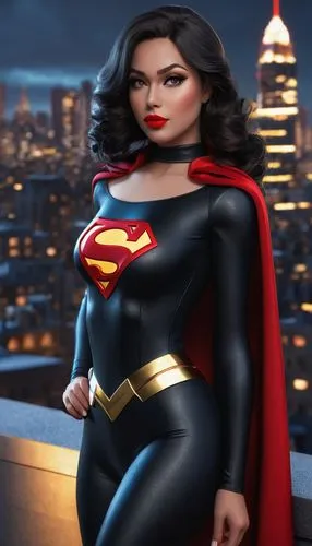 The image shows a woman dressed up as a superhero. She is standing on a rooftop with a city skyline in the background. The woman is wearing a black bodysuit with red and gold accents, and a long black