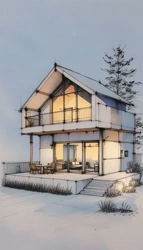 the house is very high with tall trees,house drawing,sketchup,winter house,3d rendering,snohetta,revit,modern house,dunes house,snow house,renderings,mid century house,render,passivhaus,new england st