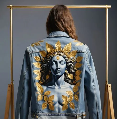 a woman wearing a jean jacket with gold leaves on it,jean jacket,denim jacket,jacket,denim,denim fabric,hand painted,denim background,maharishi,denim shapes,bluejeans,idolatry,art,fabric painting,clov