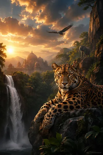 create an extraordinary, stunning random image with exotic animals
,an image of a tiger laying on the rocks near the waterfall,fantasy picture,fantasy landscape,landscape background,world digital pain