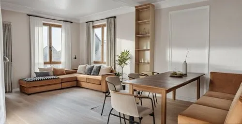 Bright living room interior with dining area. Light walls, soft sofas, chairs with fabric upholstery. There is parquet on the floor, light curtains on the windows. Green plant in a pot. The window fra