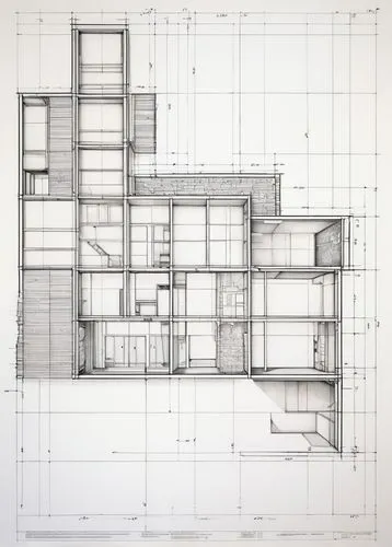Large scale, 24x36 inches, architectural paper, horizontal layout, white background, detailed blueprint, grid pattern, pencil sketches, eraser marks, ruler lines, architectural symbols, floor plan, el