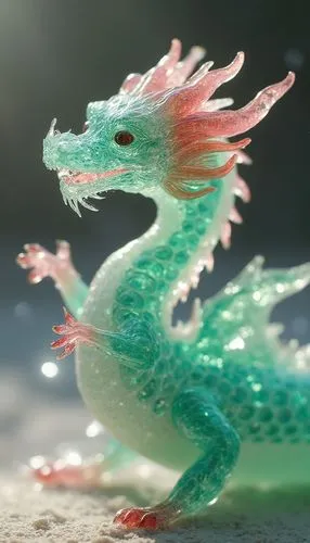 [dragon] figurine by glass, in the style of layered translucency, [green] and [pink], Light], 20 megapixels, transparency,a small green and pink dragon statue,emerald lizard,painted dragon,dragon,drag