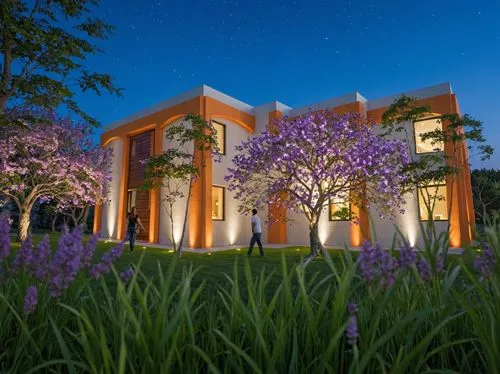 A photografic realistic of a modern, two-story building with a combination of white and orange colors, set against a clear blue night sky. the building has a rectangular shape with a flat roof and lar