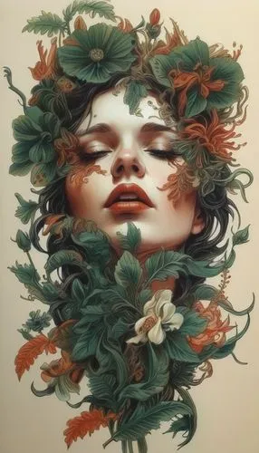 a woman with flowers and leaves, in the style of intricate and bizarre illustrations,girl in a wreath,flora,medusa,laurel wreath,dryad,wreath of flowers,kahila garland-lily,golden wreath,green wreath,