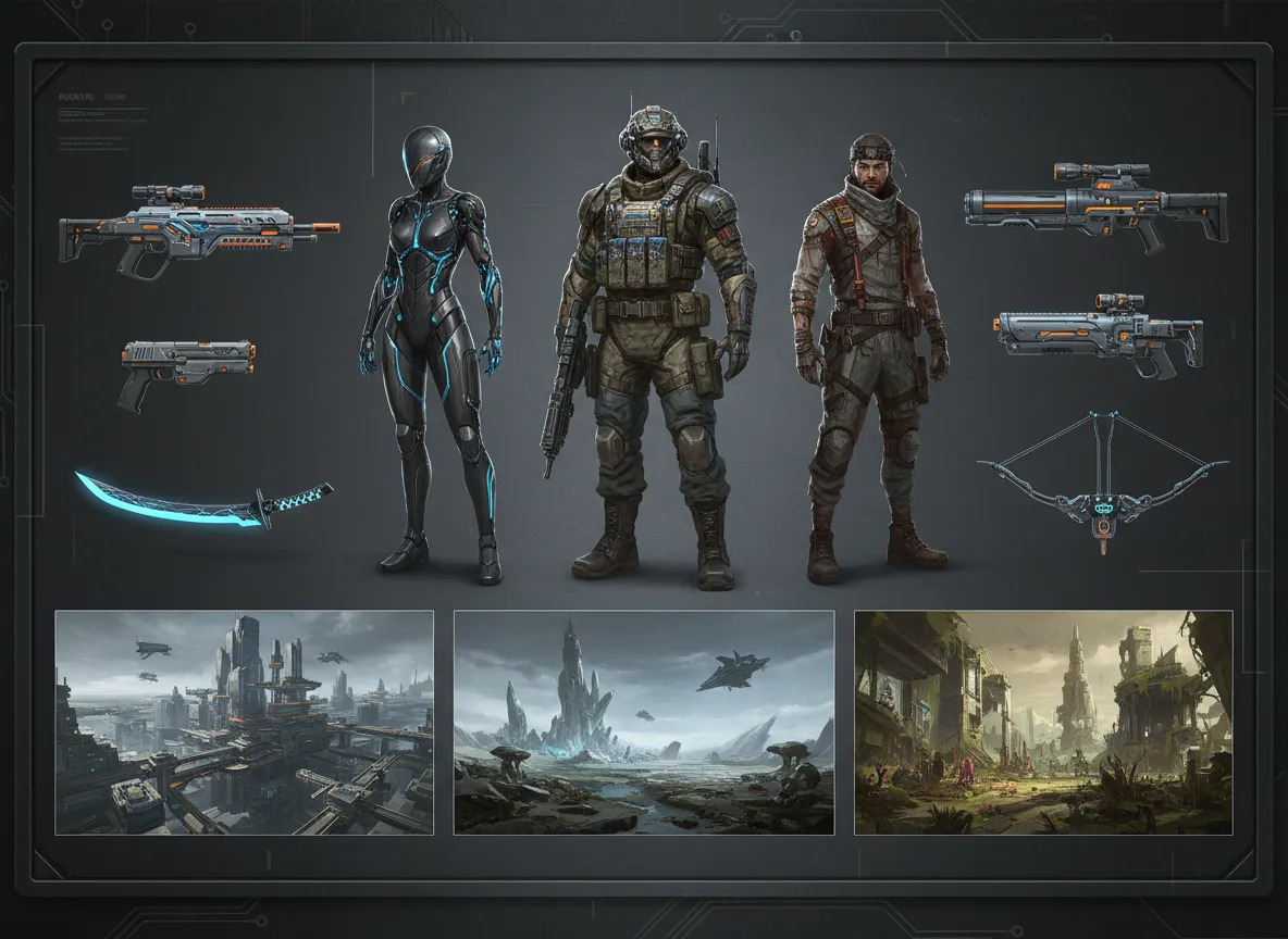 Ein Moodboard mit KI-generierter Konzeptkunst, einschließlich Charakterdesigns, Waffenkonzepten und Umgebungsskizzen in einem einheitlichen Next-Gen-Kunststil.