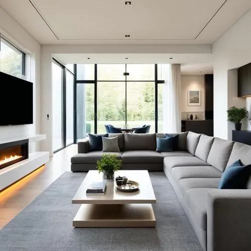 a modern, open-plan living room with sleek, minimalist furniture, a large comfortable sofa, a coffee table, a freestanding smart TV, stylish accent lighting, and large windows with natural light, emph