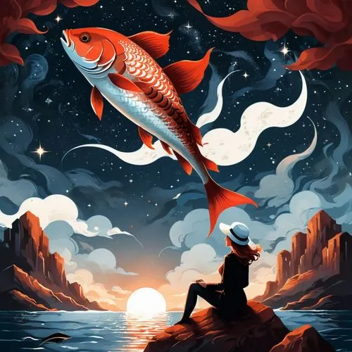 A detailed digital illustration of a great red fish in the night sky. The focal point is the large brown scales of the fish, with the human hand on the roof and the woman who wears a white hat sitting